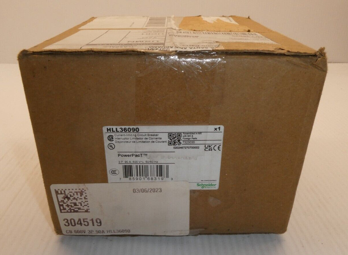 Schneider HLL36090 PowerPacT H 90A, 3 pole, 600VAC, 50kA, lugs, thermal magnetic
