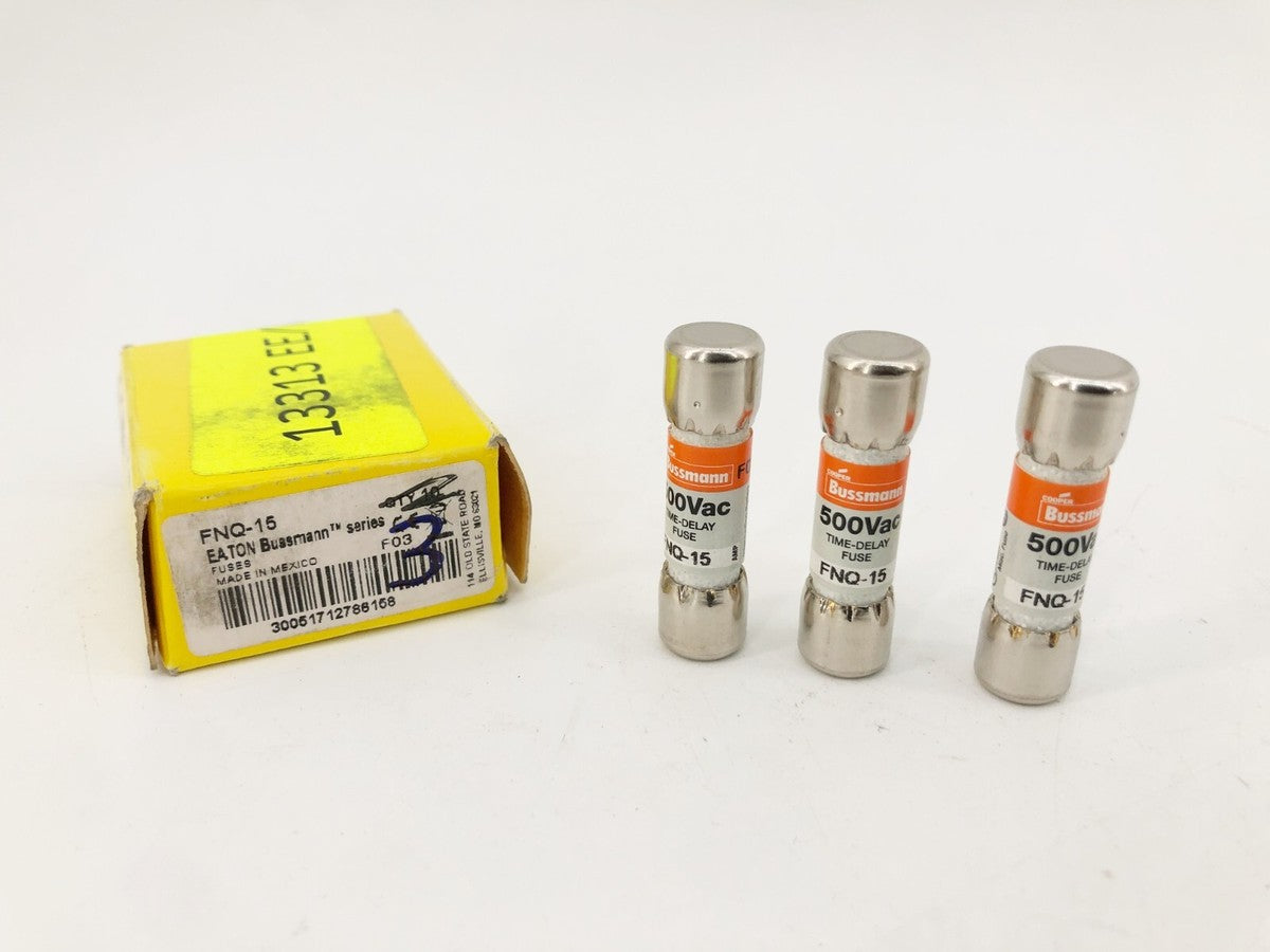 Box of 3 New Bussmann FNQ-15 Time Delay Fuses 15A 500VAC