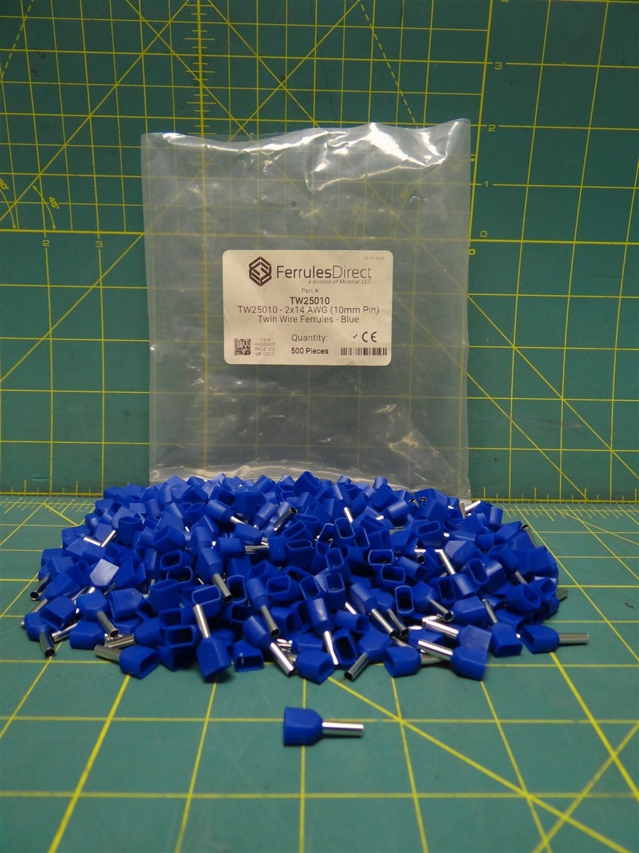 (Qty: 500) Ferrules Direct Twin Wire Ferrules TW25010 2x14AWG Tin-Plated Copper