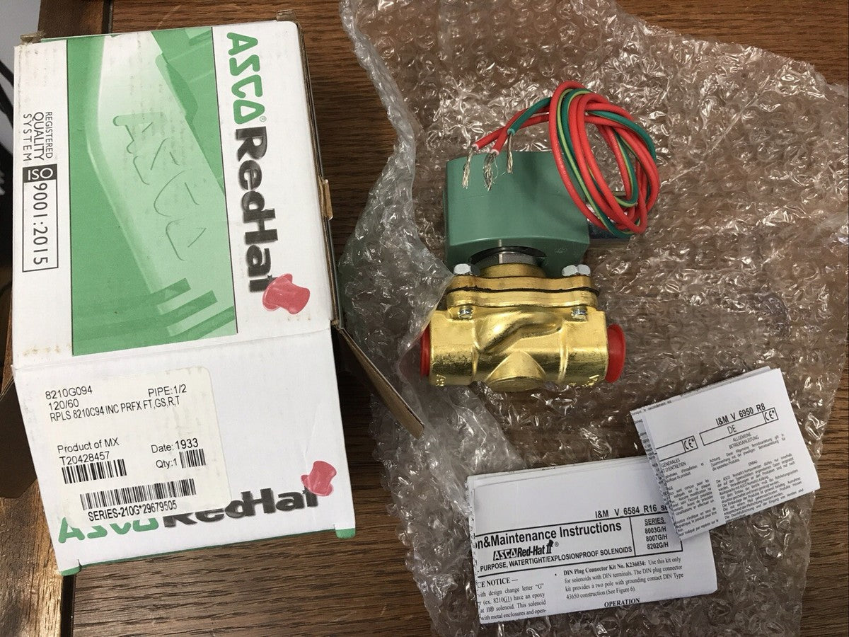 ASCO Red Hat Solenoid Valve 1/2 in NPT Pipe 8210G094 120 VDC 2-Way Gas Water Oil