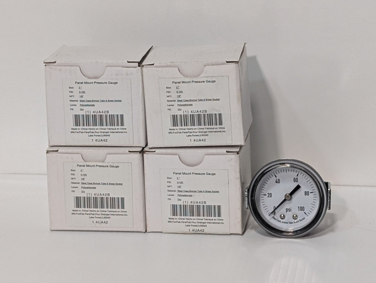 Lot of 4 Unbranded 4UA42B Standard Pressure Gauge 2" Diameter 0-100PSI 1/8" NPT