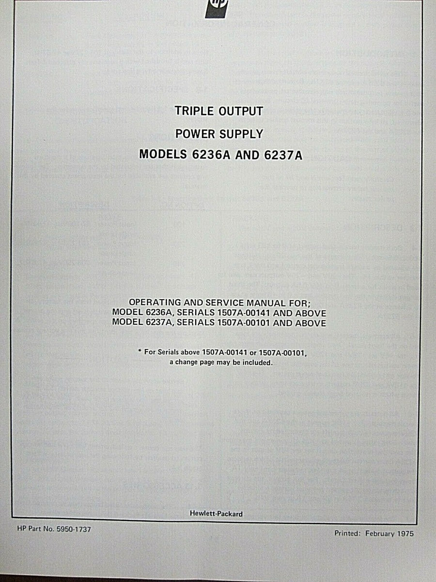HP Triple Output Power Supply Models 6236A & 6237A Op & Service Manual 5950-1737