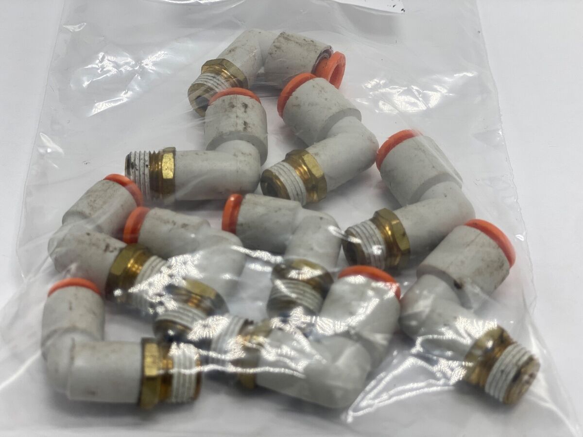 Bulk qty 10 piece lot, SMC push lock KGL07, pneumatic 90 deg 1/4” tube 1/8” mnpt