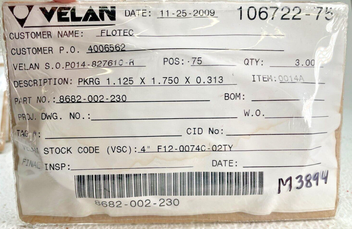 (3) VELAN 8682-002-230, PKRG 1.125 x 1.750 x 0.313, STK CODE 4" F14-0074C-02TY