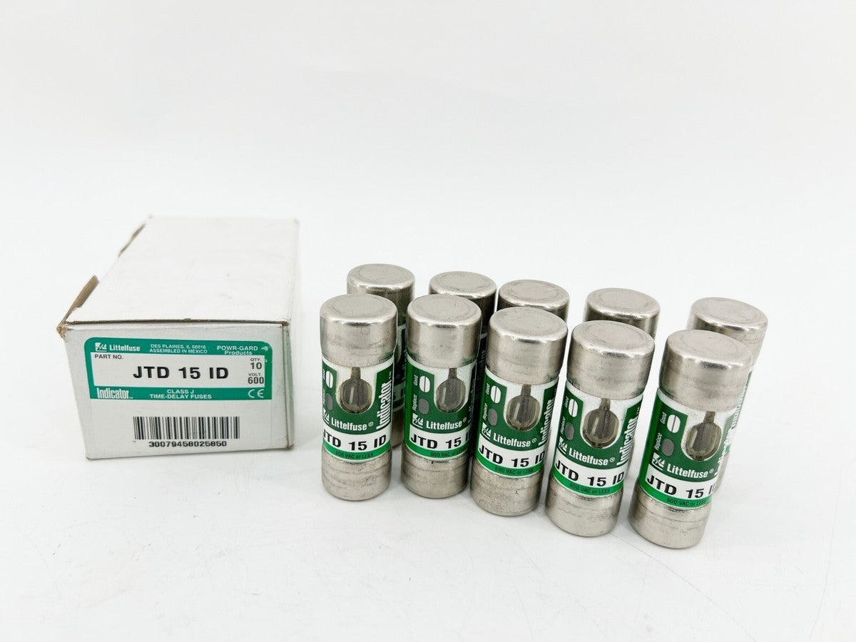 New Box of 10 Littelfuse JTD-15-ID Time Delay Indicator Fuses 15A 600V Class J