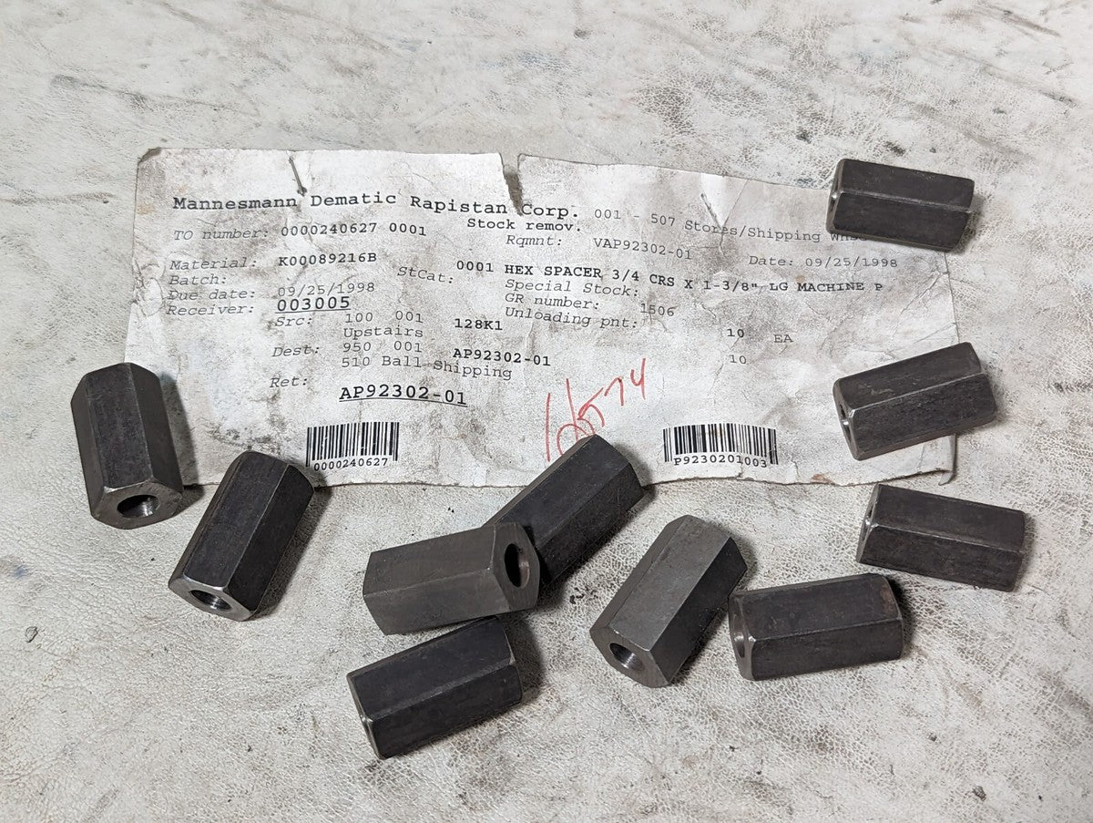Lot of 10 hex spacers 3/4 CRS x 1-3/8" LG machine p