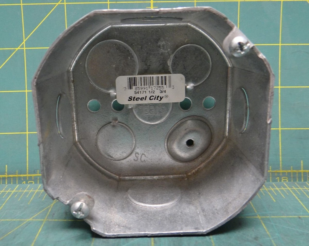 Steel City 54171-1/2-3/4 Octagon Box, 2-1/8" Deep, 1/2" & 3/4" KOs, Drawn, Steel