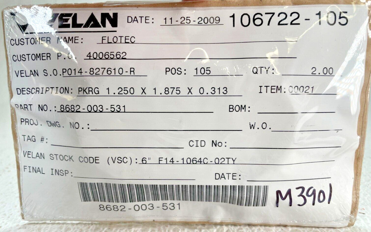 (2) VELAN 8682-003-531, PKRG 1.250 x 1.875 x 0.313, STK CODE 6" F14-1064C-02TY