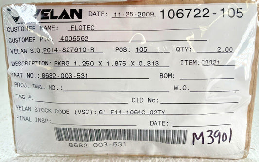 (2) VELAN 8682-003-531, PKRG 1.250 x 1.875 x 0.313, STK CODE 6" F14-1064C-02TY
