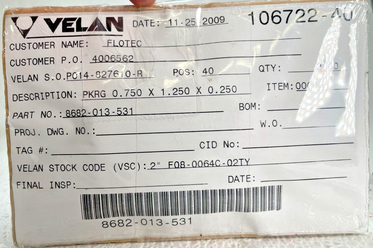 (2) VELAN 8682-013-531, PKRG 0.750 x 1.250 x 0.250, STK CODE 2" F08-0064C-02TY