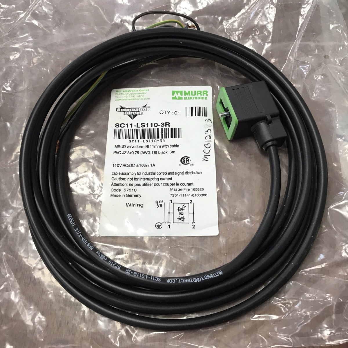 MURR ELEKTRONIK SC11-LS110-3R 110V Cable Assembly Automation Direct