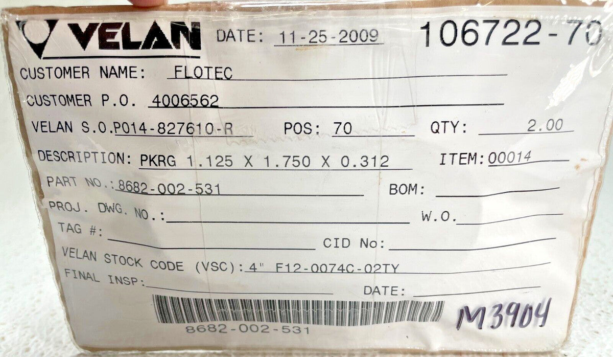 (2) VELAN 8682-002-531, PKRG 1.125 x 1.750 x 0.312, STK CODE 4" F12-0074C-02TY