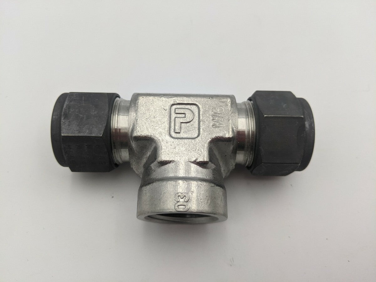 Parker A-Lok Tube Fitting Female Branch Tee 5/8" x 3/4" x 5/8" NPT Hose SS