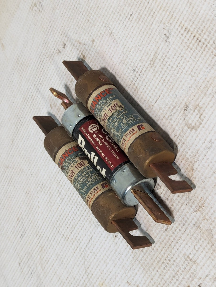 Lot of 3 Reliance/Edison Bullet ECNR100 Fuses, 100A, 250VAC