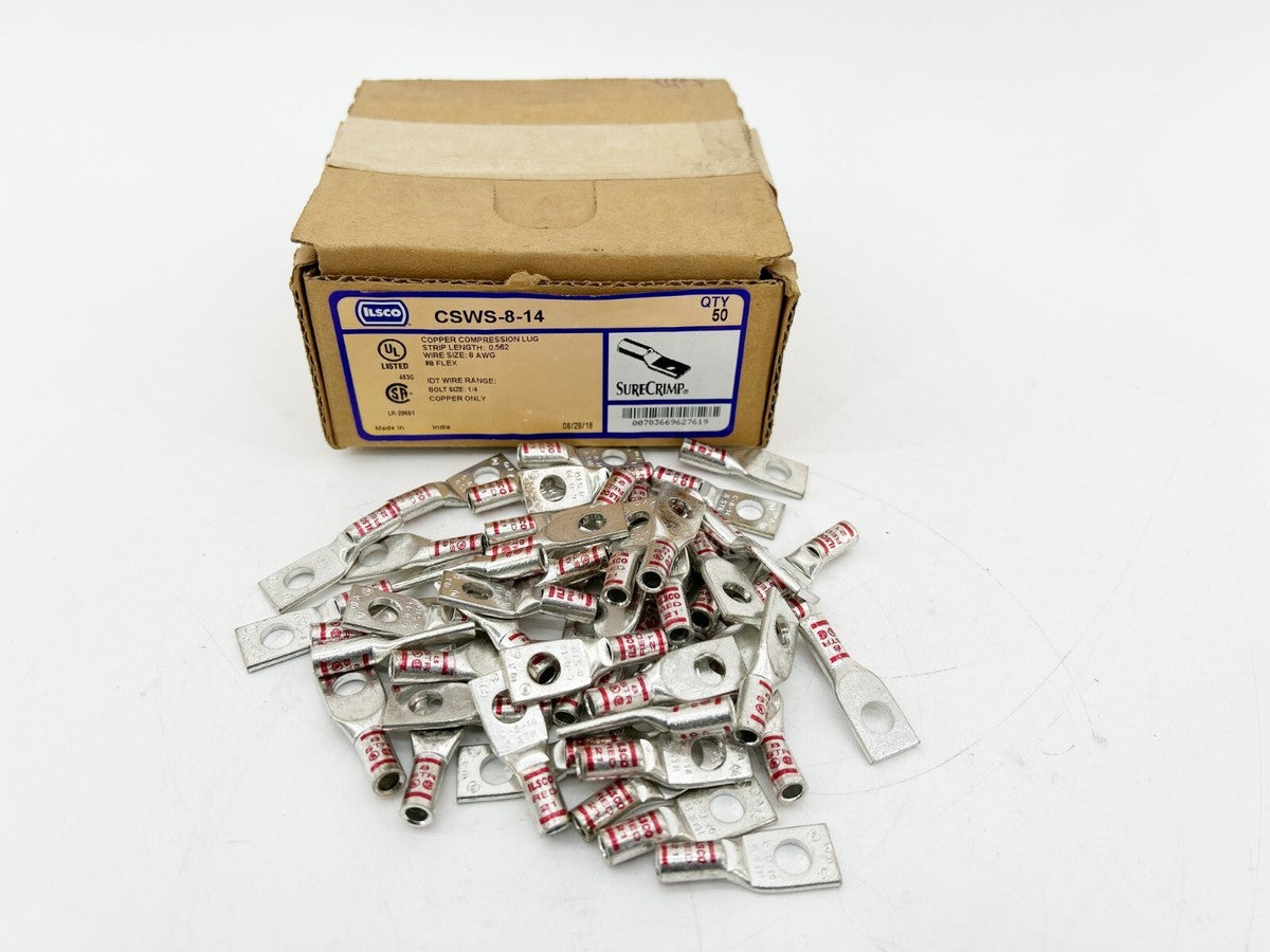 New Box of 50 Ilsco CSWS-8-14 Copper Compression Lug Size 8AWG 1/4"