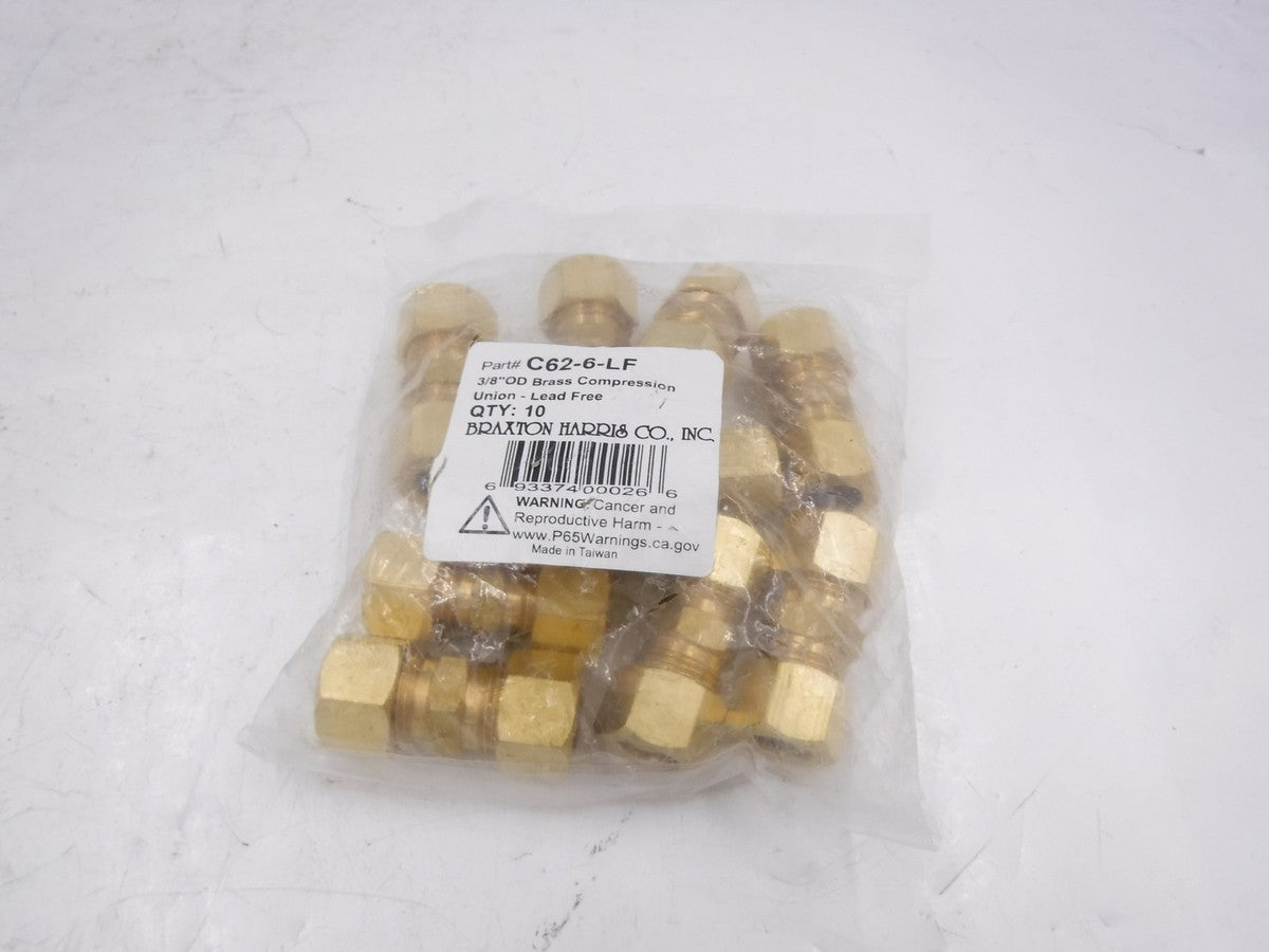 10 Pack Braxton Harris 3/8"OD Brass Lead Free Compression Unions C62-6-LF