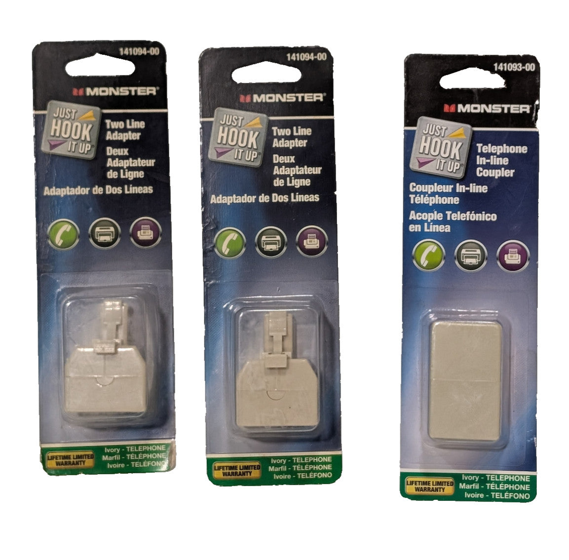 Lot of 3: Monster (2) 141094-00 Two Line Adapters, (1) 141093-00 In-Line Coupler