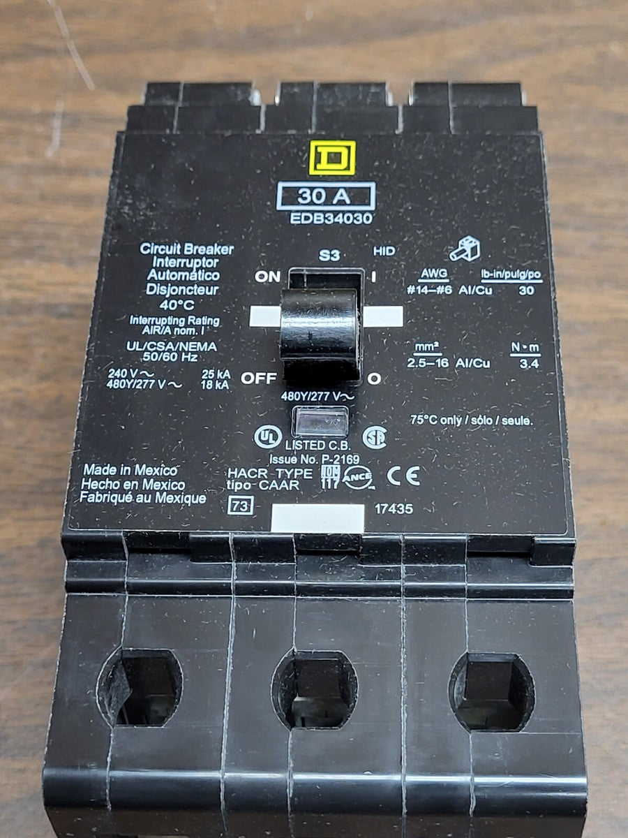 SQUARE D EDB34030 BREAKER BOLT IN 30AMP 3POLE 480Y/277VOLT AC NEW