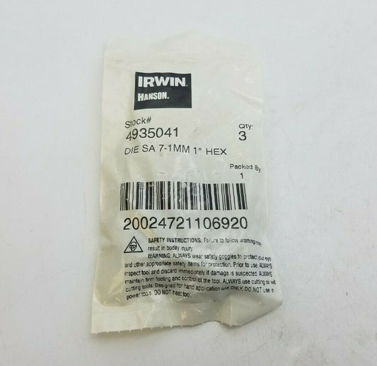 3 PC Irwin Hanson 4935041 Self Aligning Die 7mm-1.00 Metric HCS 1" Hexagon NOS