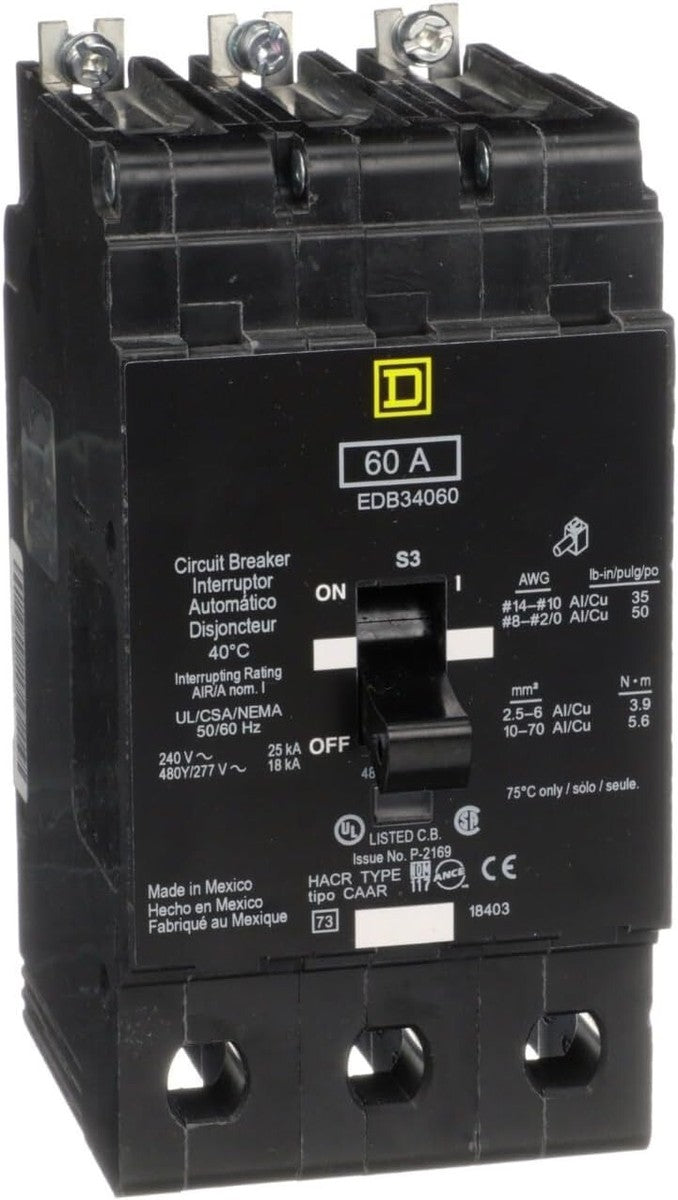 SQUARE D EDB34060 BREAKER BOLT IN 60AMP 3POLE 480Y/277VOLT AC NEW