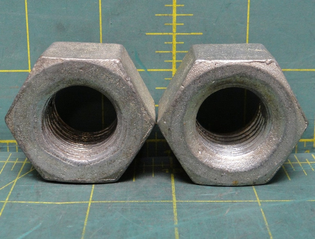 2 Pcs Hex Nut: 7/8"-9 Thread, 1-5/8" Hex Width, 1" Hex Height, Galvanized Steel