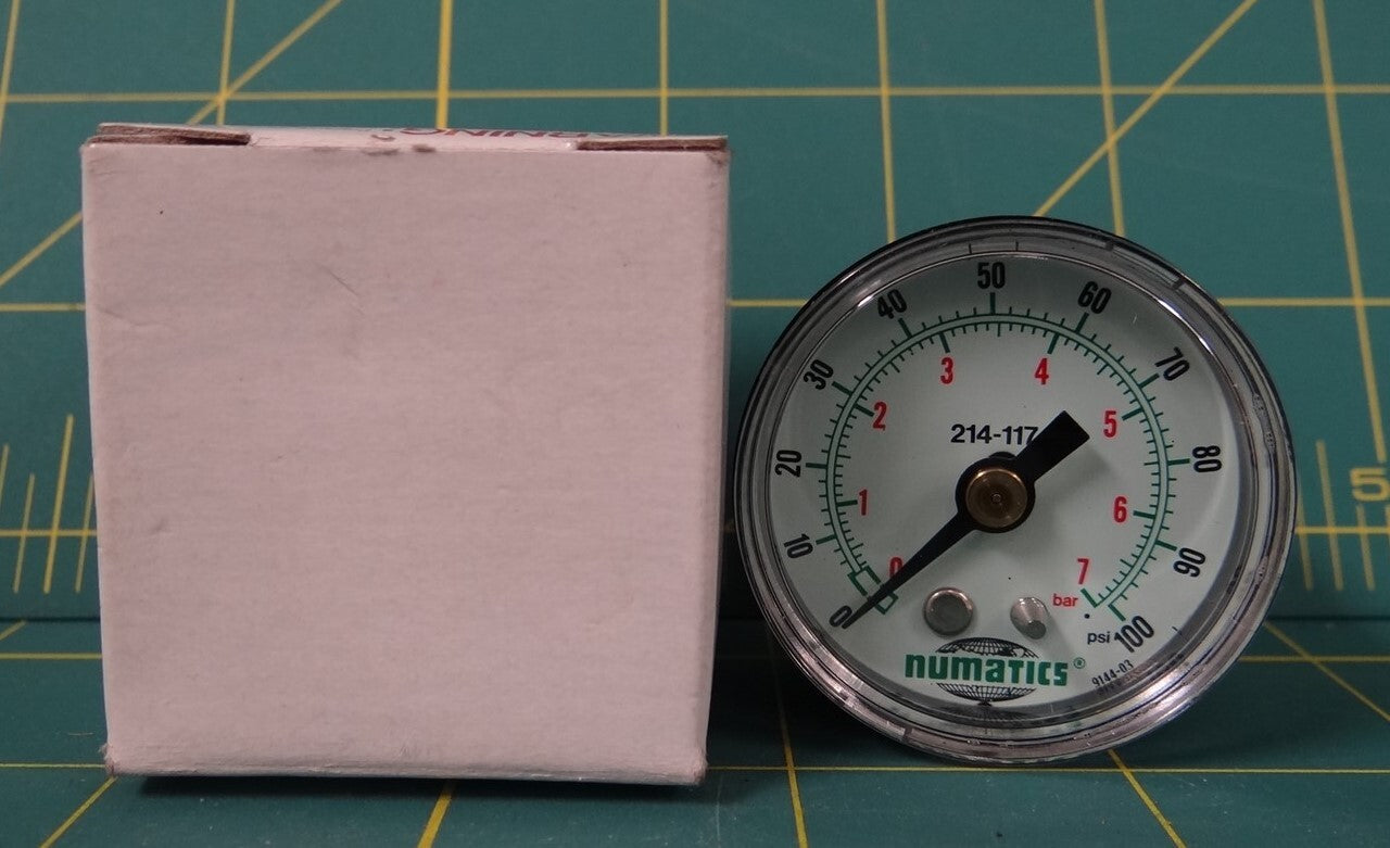 Numatics 214-117A 1-1/2" Pressure Gauge GA100A 0-100 PSI, 1/8" NPT Back Connect