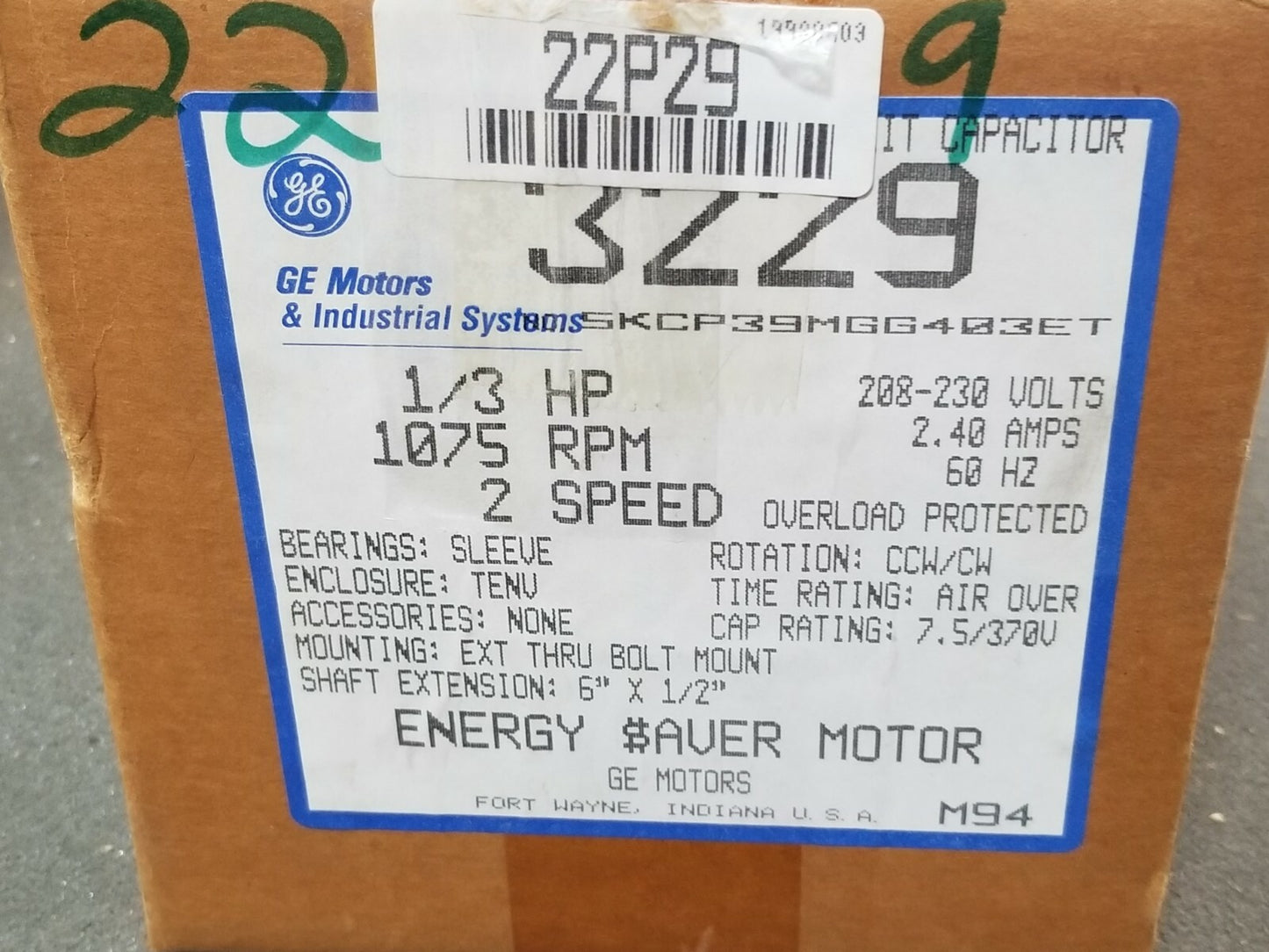 GE Motors 3229 5KCP39MGG403ET 1/3HP 1075RPM 2Spd 208-230V 2.4A 60Hz