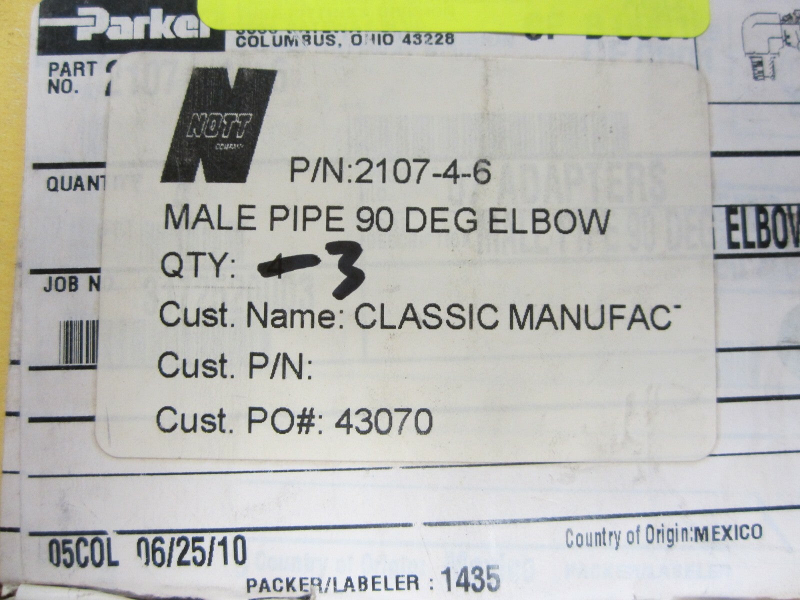 Parker 2107-4-6 Male Pipe 90˚ Elbow NPTF, NPSM Swivel (Incomplete, Lot of 3)