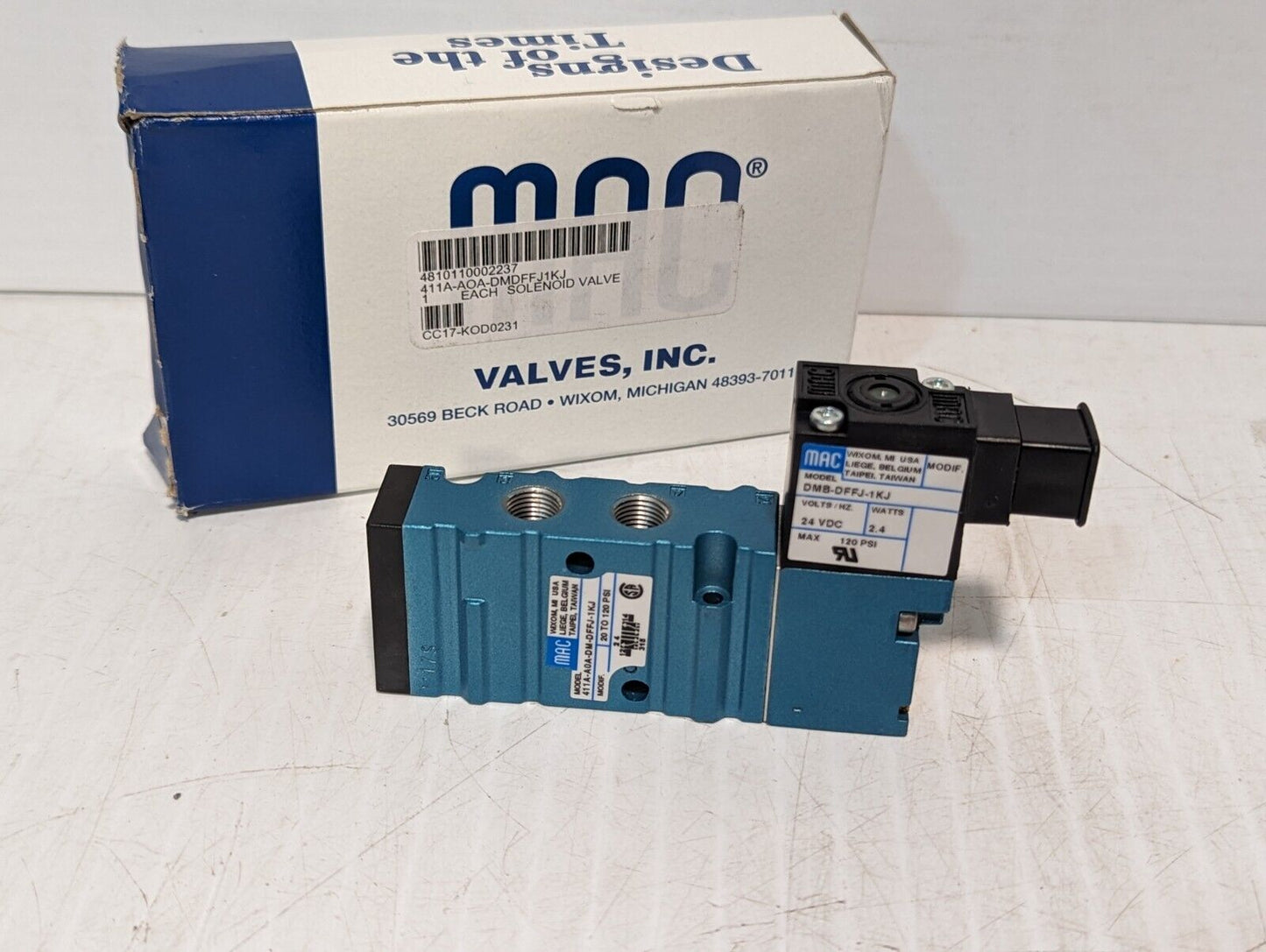 MAC 411A-A0A-DM-DFFJ-1KJ Solenoid Valve, 20 - 120psi, 24vdc, 2.4W 