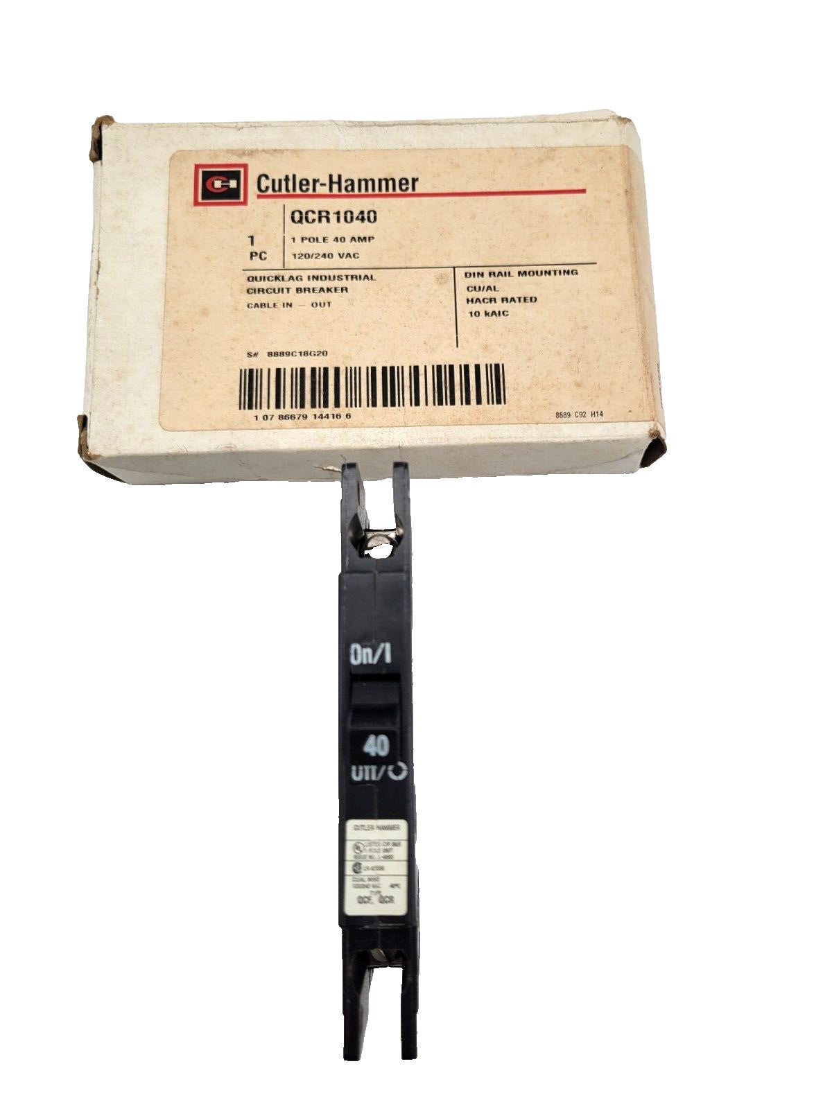 Cutler-Hammer QCR1040 Circuit Breaker 40 Amp 240 VAC 1 Pole DIN Rail Mount NOS