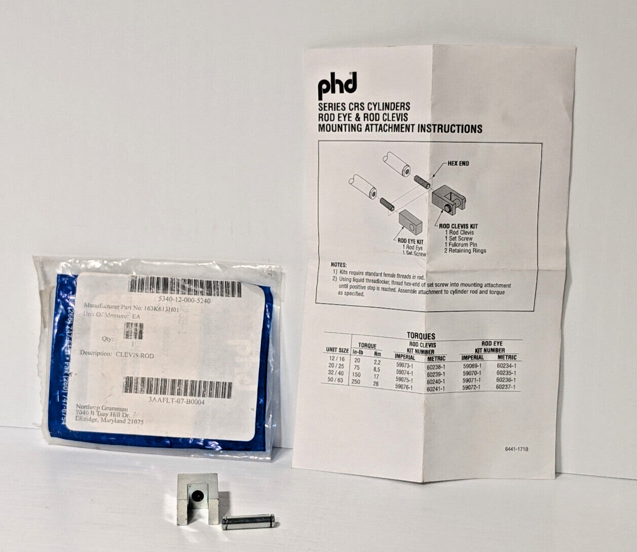 PHD Series CRS Cylinders Clevis Rod 163K613H01 and Rod Eye, Tension, Industrial