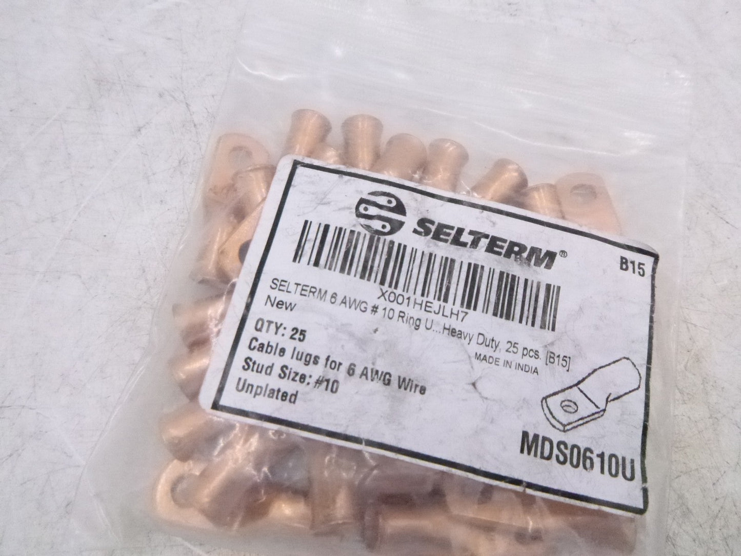 25 Pack SELTERM Bare Copper Battery Cable Ends6 AWG 10 Stud MDS0610U
