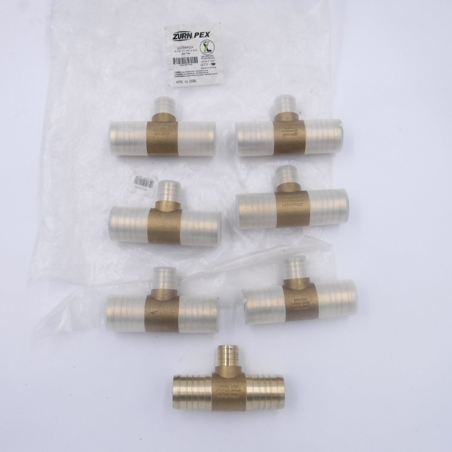 7 Pack Zurn QQT664GX 1-1/4 x 1-1/4 x 3/4" PEX Barb Hose Tees Brass