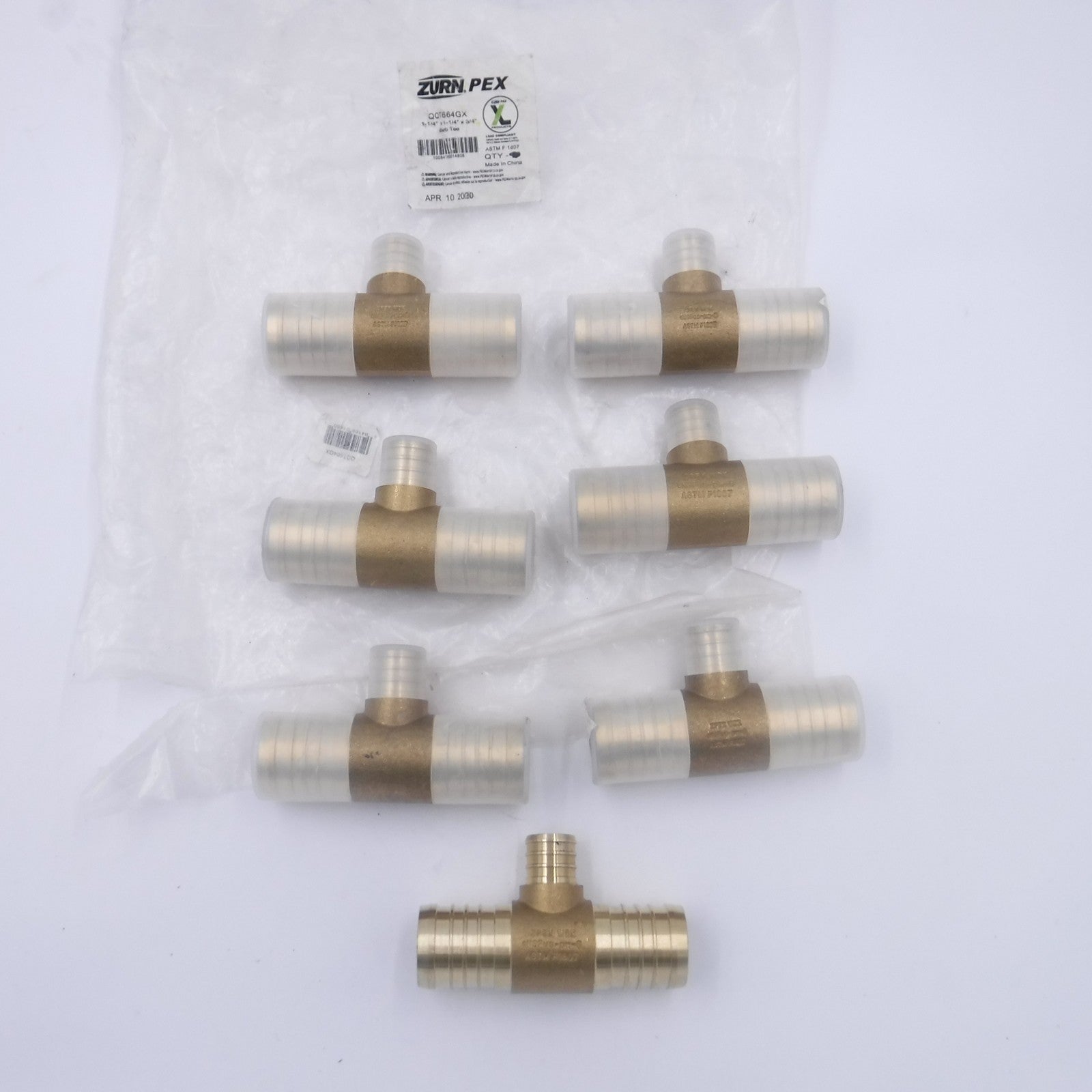 7 Pack Zurn QQT664GX 1-1/4 x 1-1/4 x 3/4" PEX Barb Hose Tees Brass