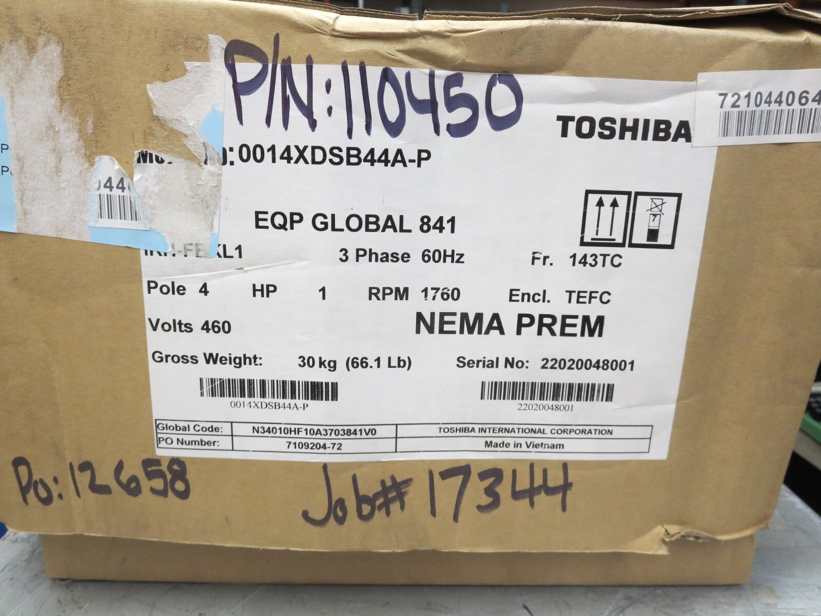 Toshiba, 0014XDSB44A-P, Motor AC, 1 HP, 460 VAC, 60 HZ, 3 PH, 1760 RPM, New/Open