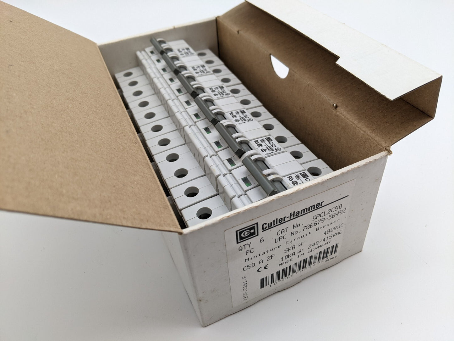 6 Piece Box Cutler Hammer SPCL2C50	Miniature Circuit Breaker 50 Amp 2 Pole 480V
