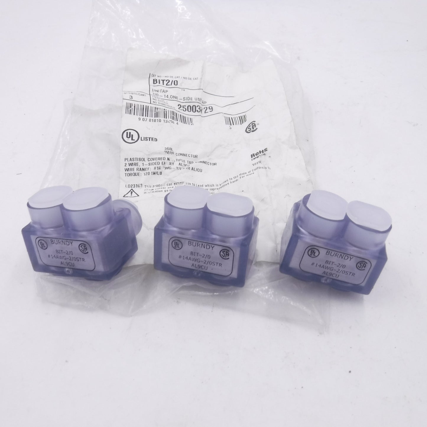 3 Pack Burndy BIT2/0 Aluminum Multiple Tap Connectors Clear 2 Port 1 Sided Entry