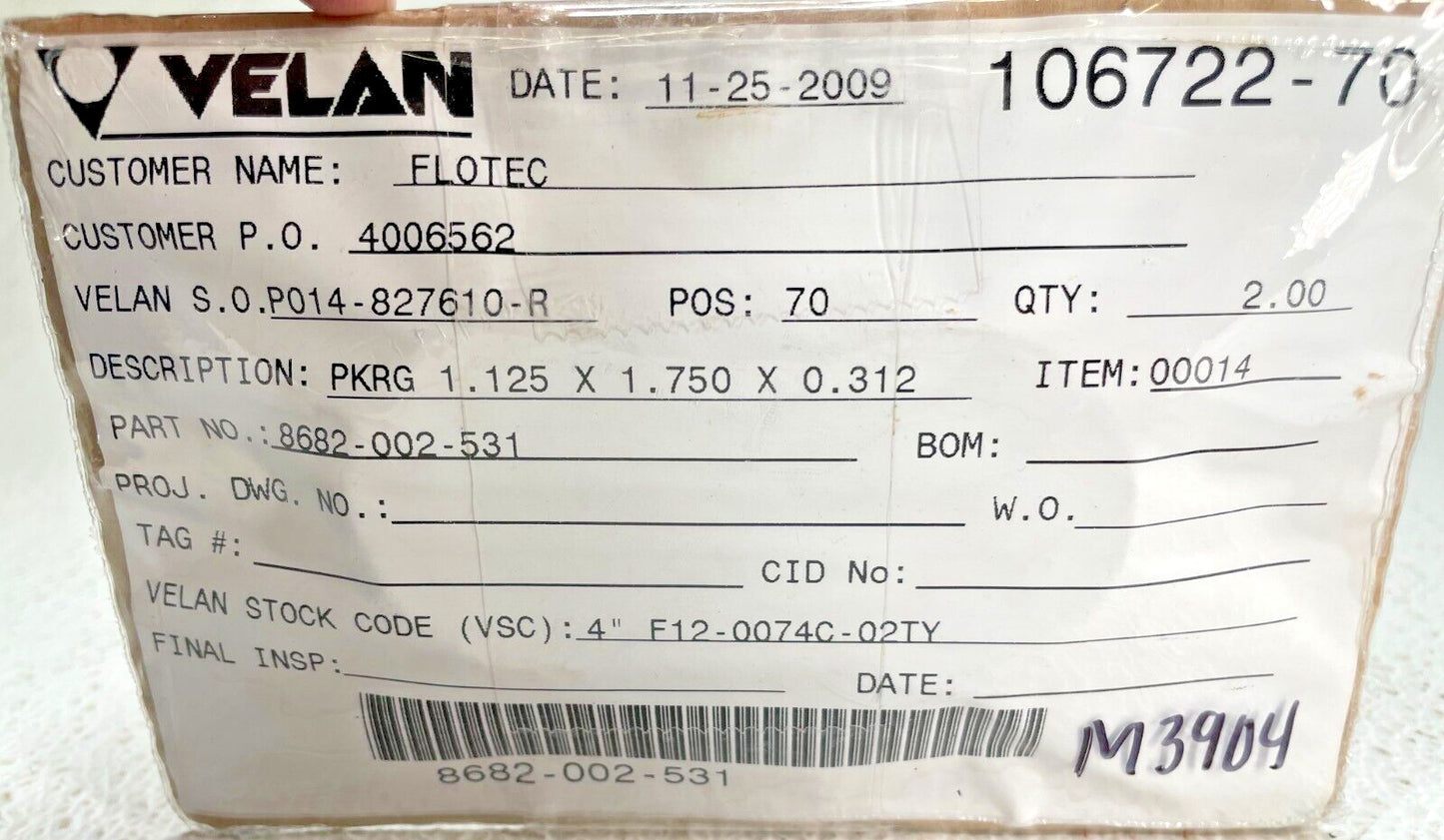 (2) VELAN 8682-002-531, PKRG 1.125 x 1.750 x 0.312, STK CODE 4" F12-0074C-02TY