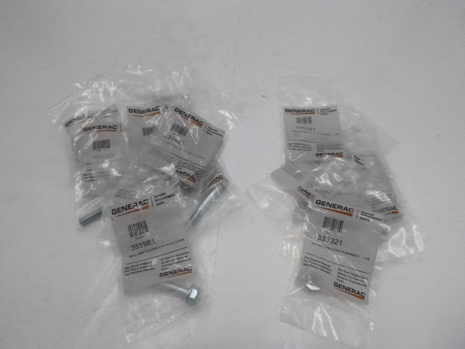 8 Pack Generac 385981 Hex Flange Hex Bolt - 5/16 18 X2 1/2 & 333321 Nut 5/16-18