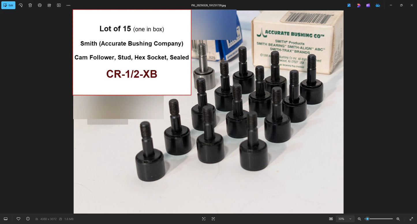 Lot of 15 Smith CR-1/2-XB Cam Follower Needle Bearing, 0.5" Roller Dia.