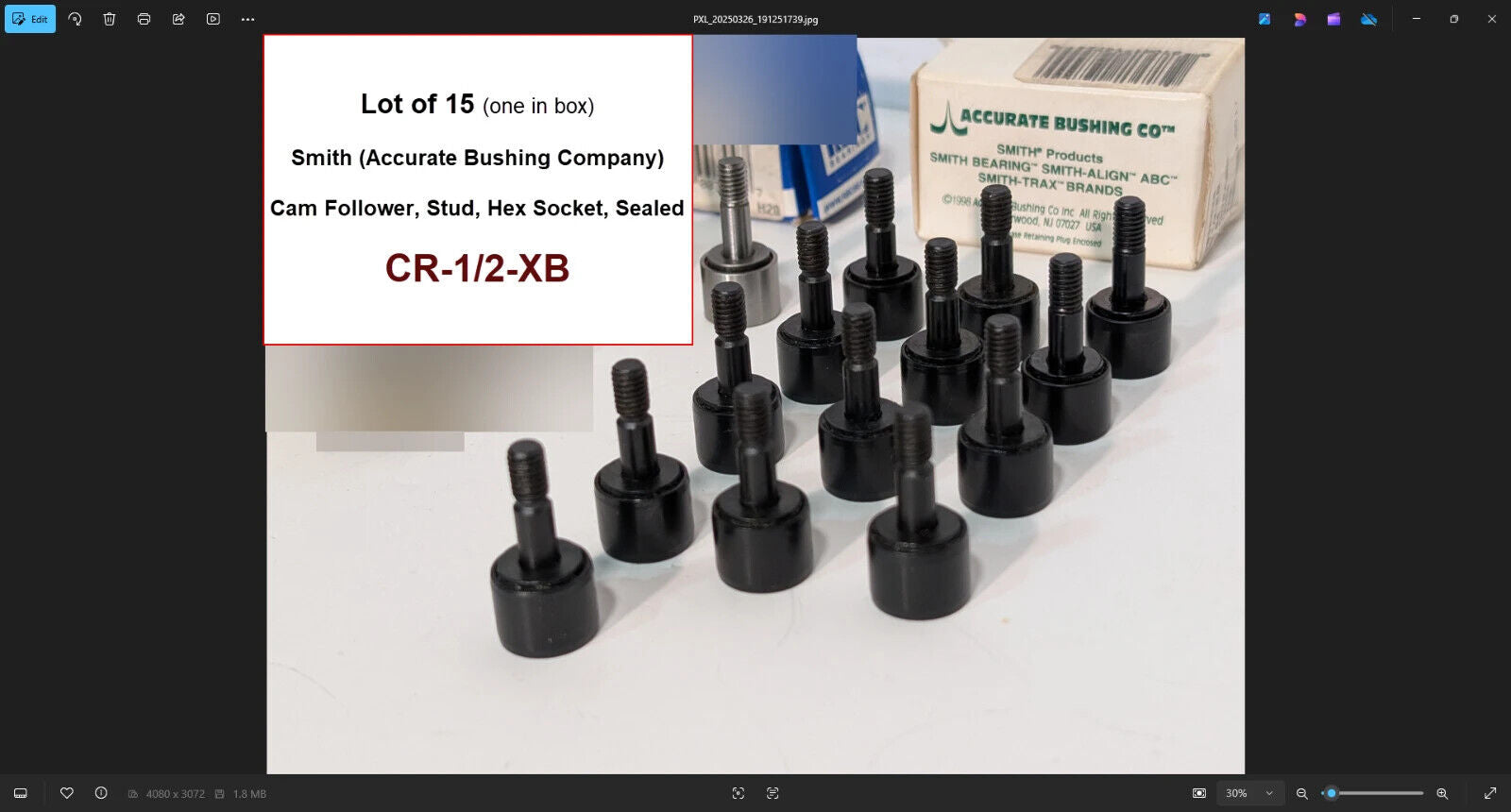 Lot of 15 Smith CR-1/2-XB Cam Follower Needle Bearing, 0.5" Roller Dia.
