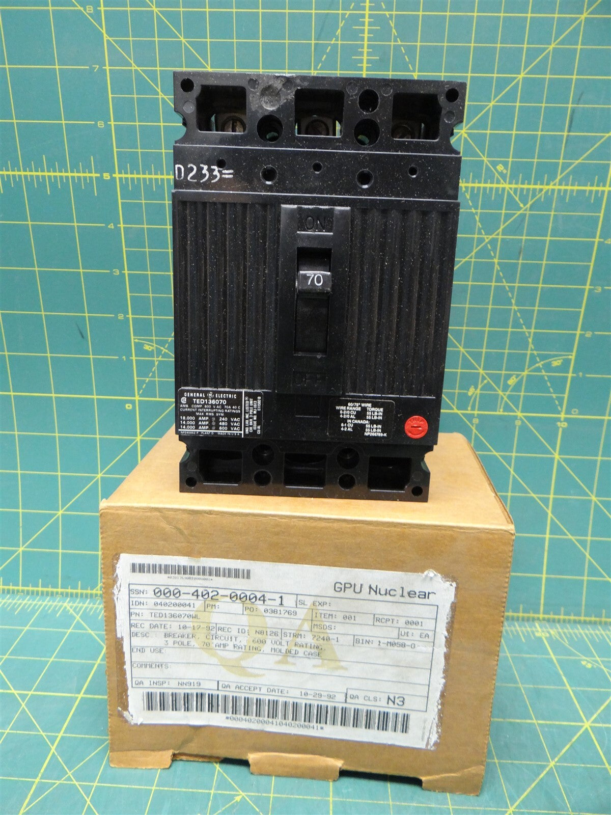 GE TED136070WL 70A 3 Pole 600 Volt Molded Case Thermal Magnetic Circuit Breaker