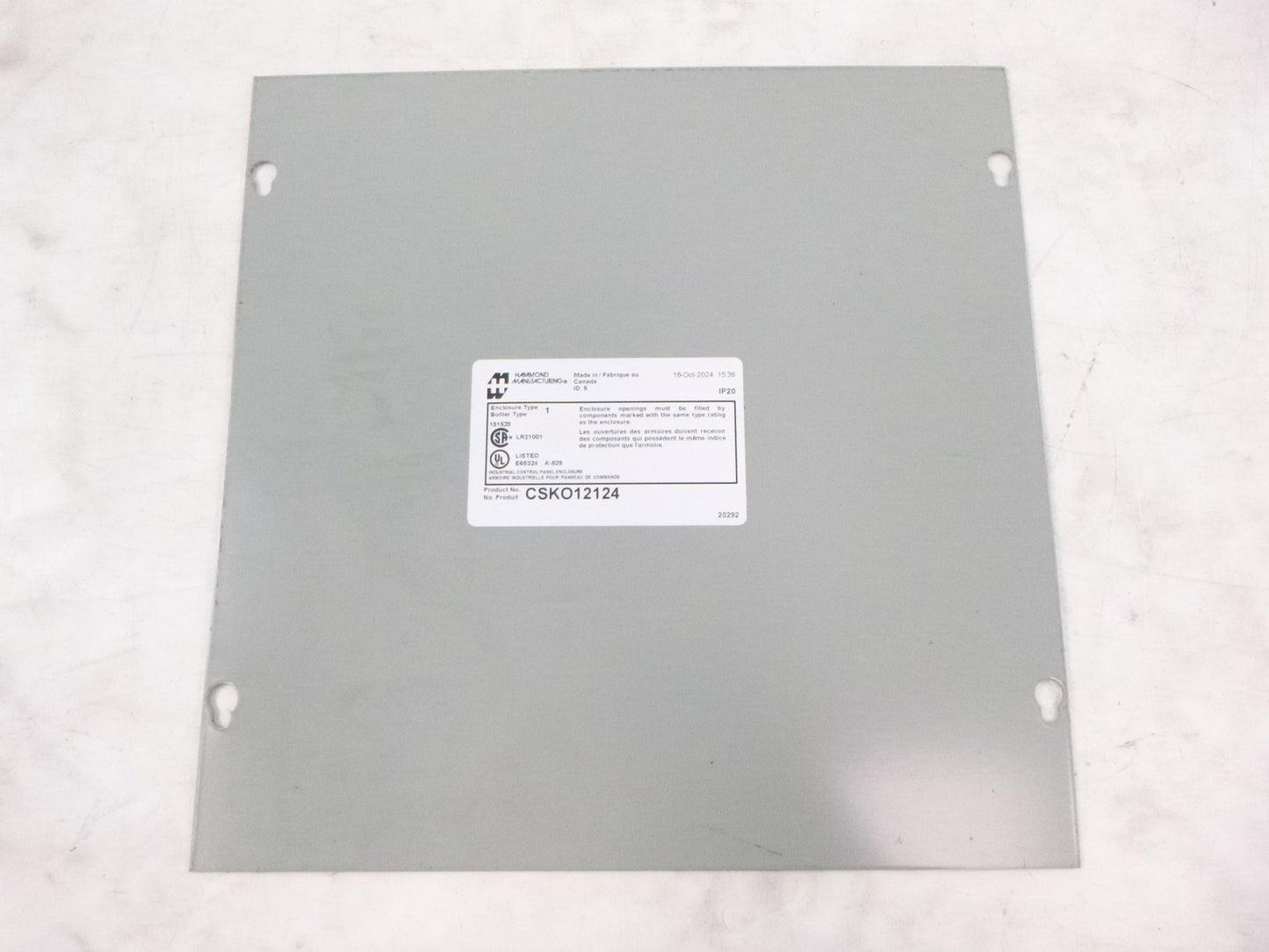 Hammond Manufacturing 12"x 12" Carbon Steel Type 1 Enclosure Cover CSKO12124