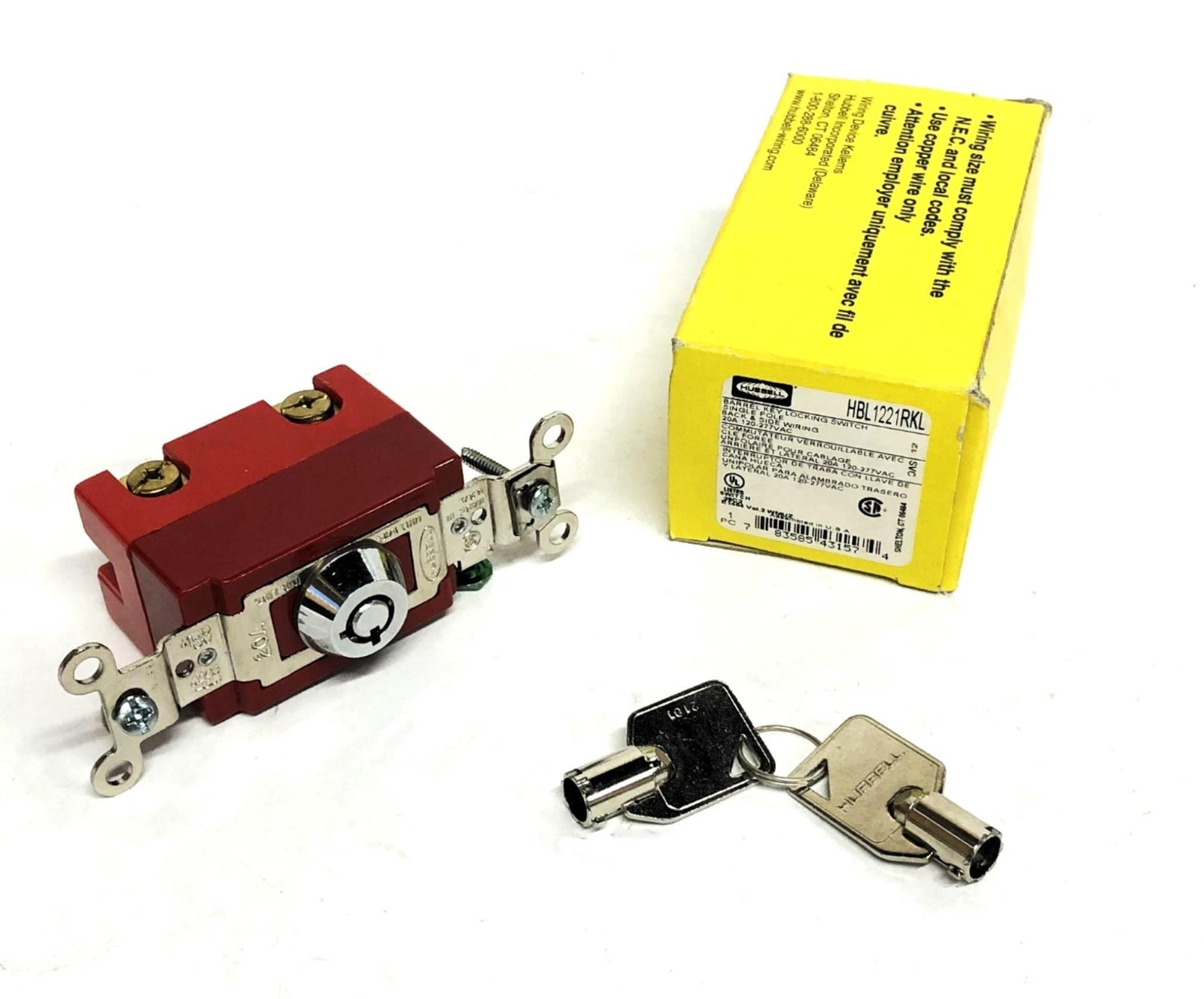 Hubbell 20A 120-277VAC Single Pole Barrel Key Locking Switch HBL1221RKL NOS