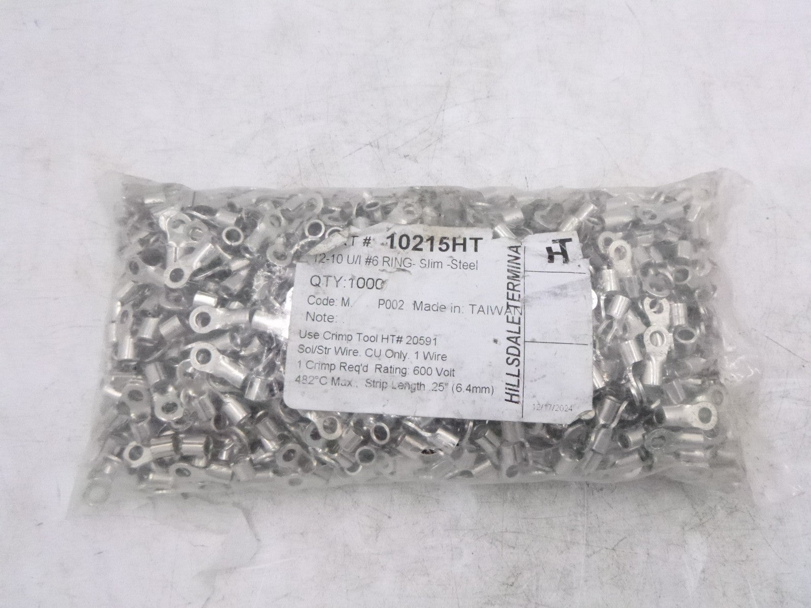 1000 Pack 12-10 AWG Non-Insulated #6 Stud Slim Ring Terminal  Butted Seam