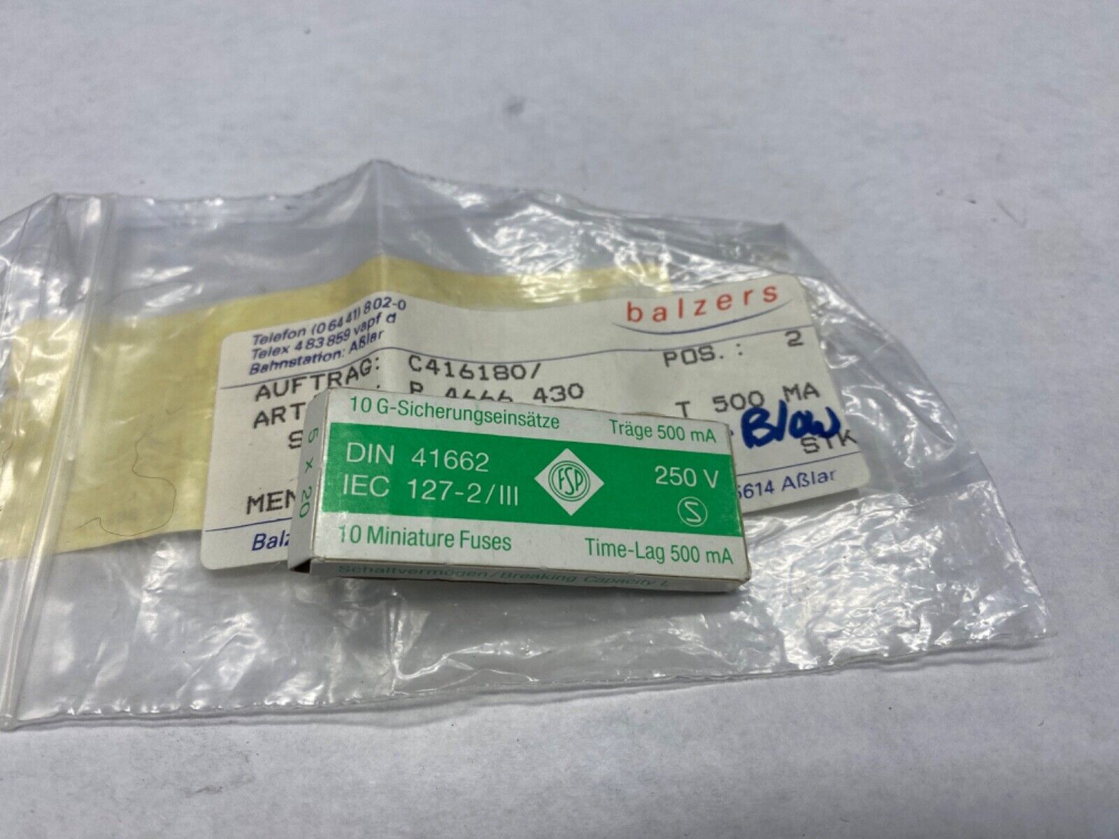 Balzers glass fuse, qty 6 bulk lot P4666430, 5x20mm, 500ma/250v time delay