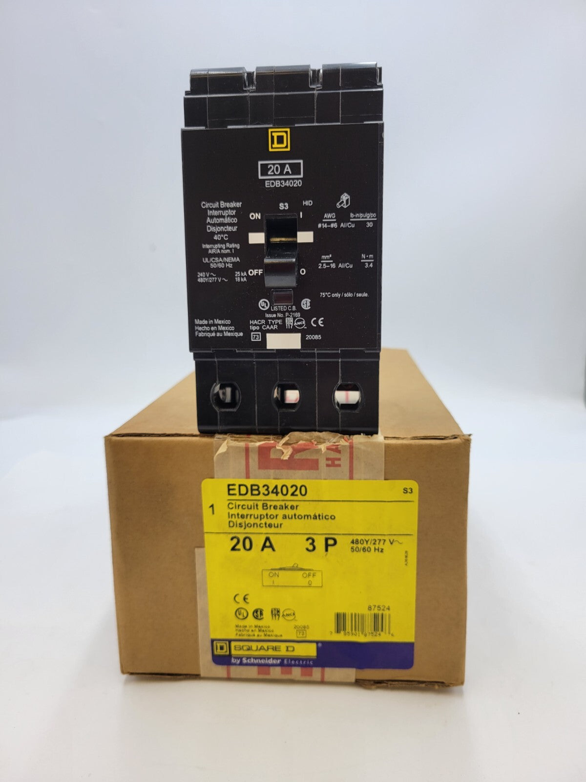 Square D EDB34020 Bolt-On Circuit Breaker 20A 480Y/277V 3P 3PH Type EDB 20 Amp