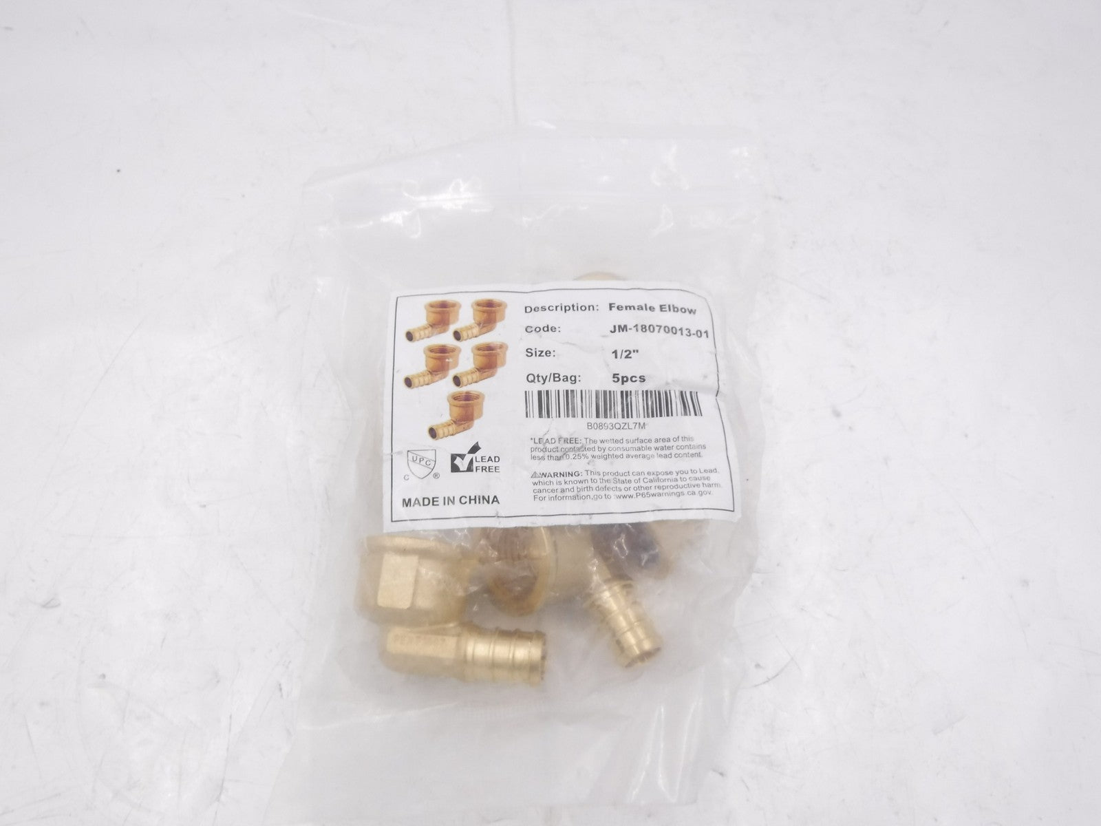 5 Pack Efield 1/2"Pex x 1/2"FNPT Brass Barb Crip Elbow Adapters ASTM F1807