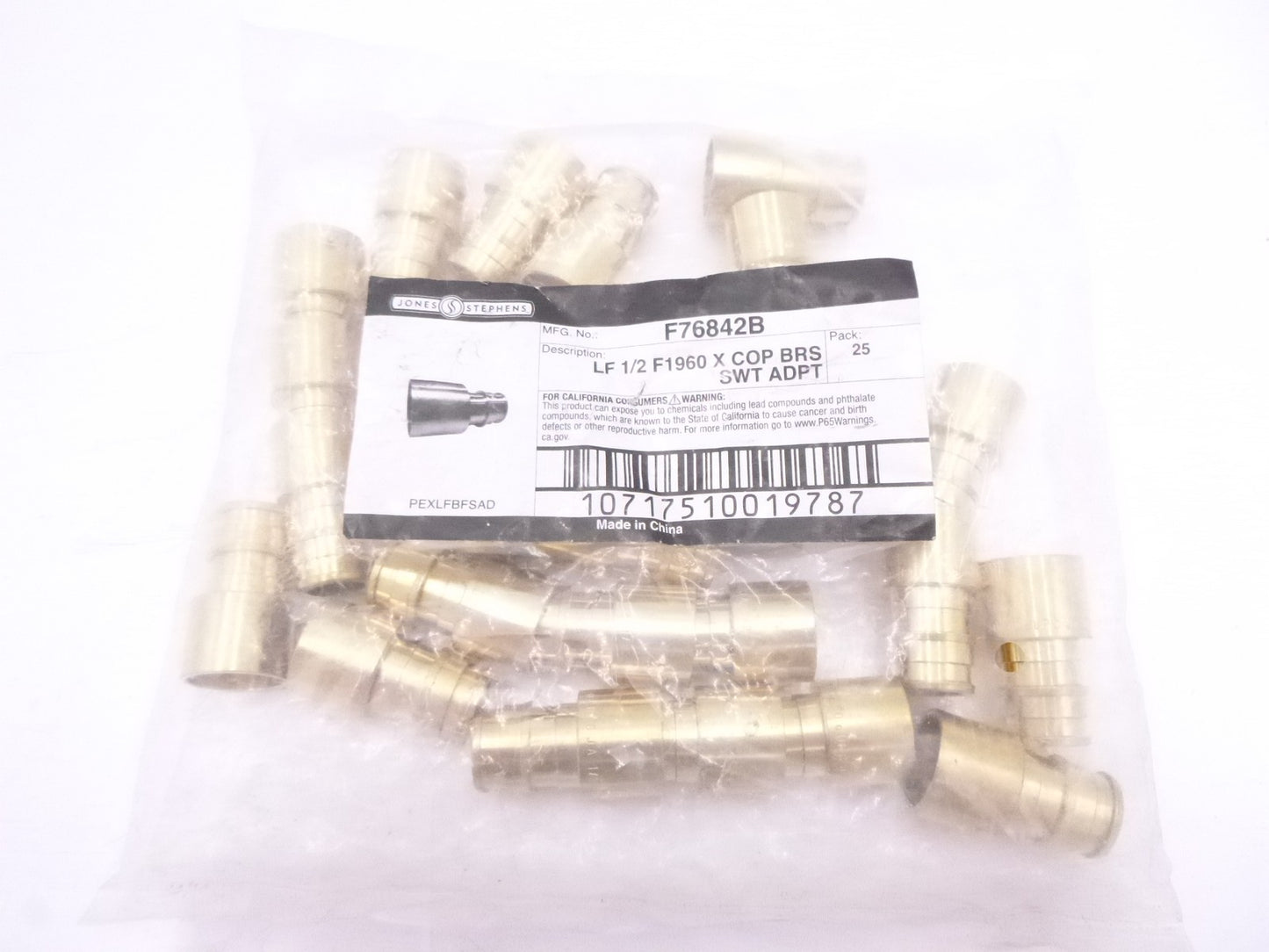25Pk Jones Stephens F76842B LF 1/2" F1960 Brass Copper PEX Female Sweat Adapter