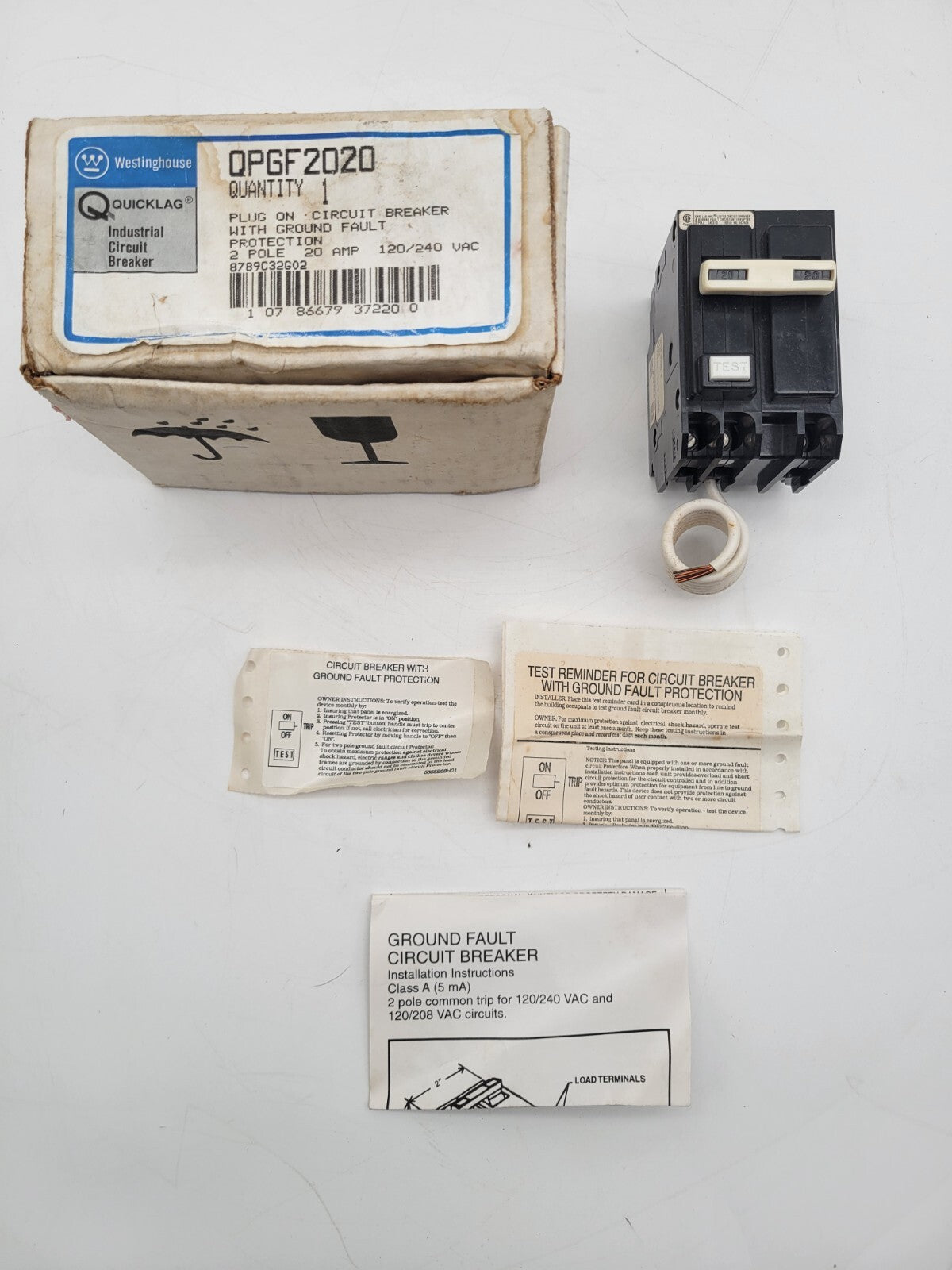 Cutler Hammer	QPGF2020	Circuit Breaker	20 Amp 2 Pole Ground Fault Shunt Trip 120